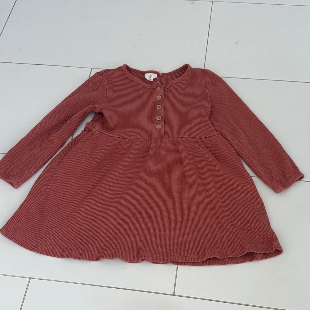 Cotton on ribbed Kids Long Sleeve Button Dress - Rust 5/6